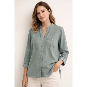 Zara Women XXL Sage Green Linen Blouse Button Up Long Sleeve Roll‎ Tab Casual